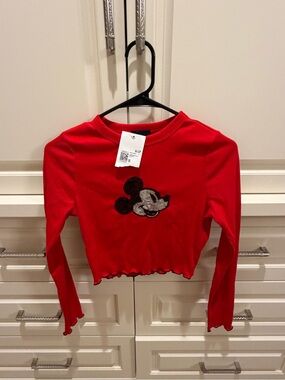 Forever 21 Red Long-Sleeve Top with Sequin Mickey Graphic